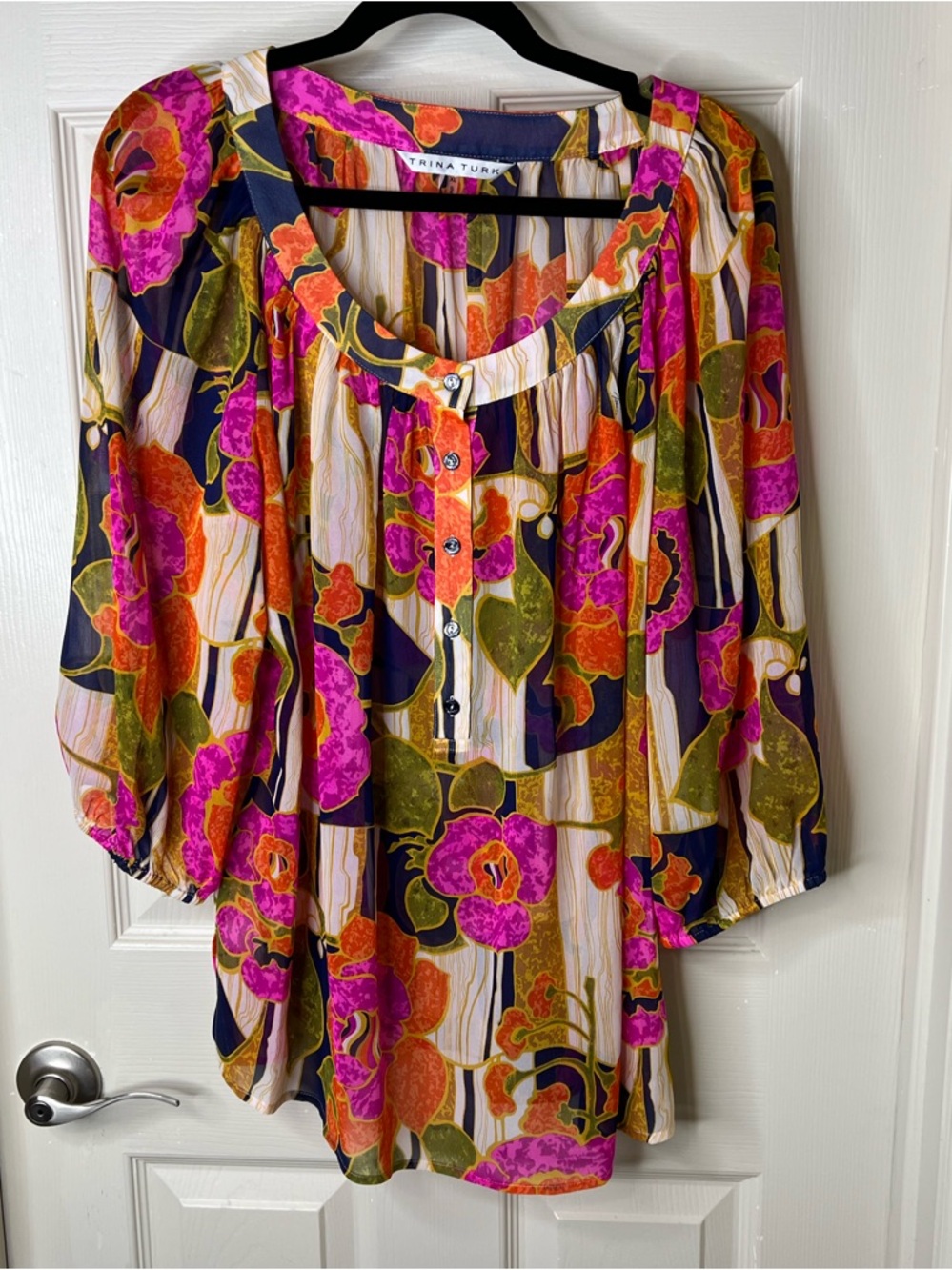 Trina Turk Multicolor Floral Peasant Blouse (Pink, Orange, Green, Navy) XL EUC